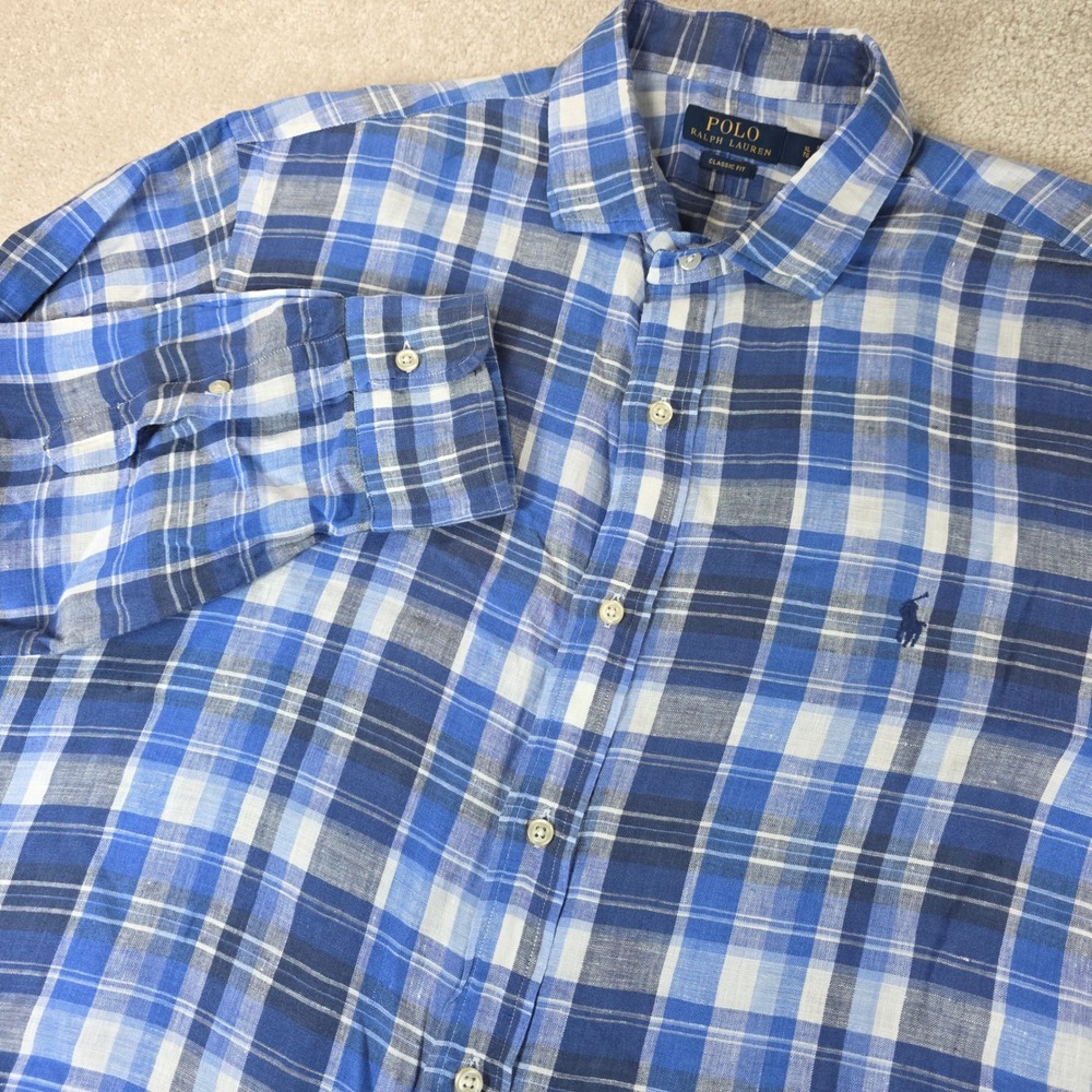 Polo Ralph Lauren Button Down Mens XL Blue White Plaid 100% Linen Classic Fit